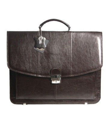 Teczka męska ze skóry naturalnej, trzykomorowa, ciemny brąz