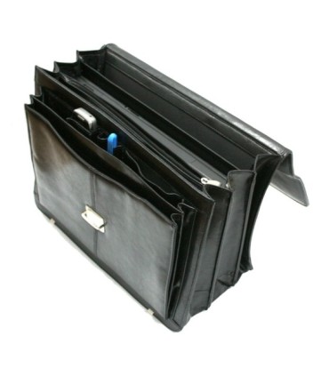 Teczka męska ze skóry naturalnej, trzykomorowa, czarna