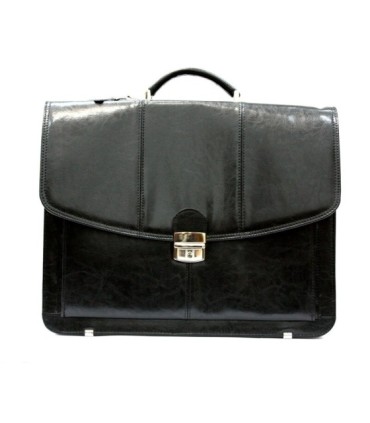 Teczka męska ze skóry naturalnej, trzykomorowa, czarna