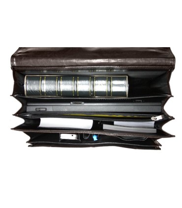 Teczka męska ze skóry naturalnej, trzykomorowa, ciemny brąz + pasek