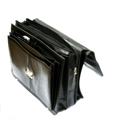 Skórzana teczka męska trzykomorowa, czarna, na laptopa z paskiem