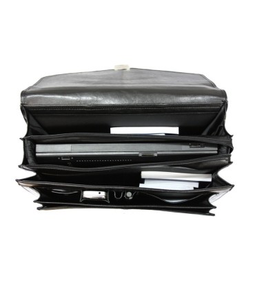 Skórzana teczka męska trzykomorowa, czarna, na laptopa z paskiem