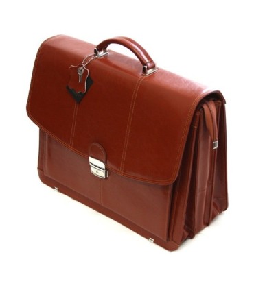 Trzykomorowa teczka męska na laptopa z paskiem ze skóry, koniakowa
