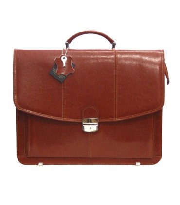 Trzykomorowa teczka męska na laptopa z paskiem ze skóry, koniakowa