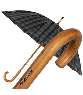 WYTRZYMAŁY ELEGANCKI PARASOL FALCONE, 16 BRYTÓW, DREWNIANA RĄCZKA, SZARY W KRATĘ