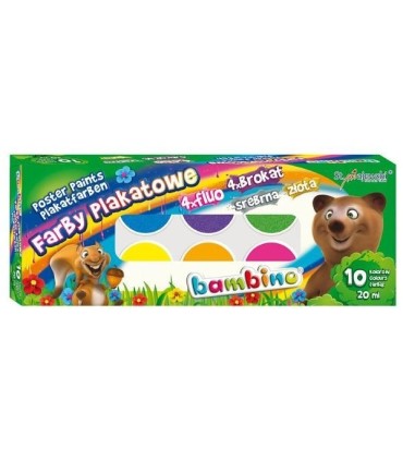10  farb plakatowych Bambino (brokatowe, fluorescencyjne, złota, srebrna) 10 x 20ml