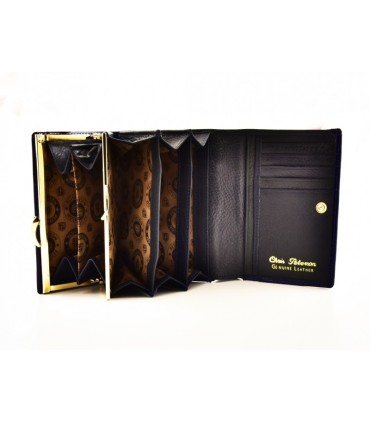 Elegancki, skórzany portfel damski Peterson, lakierowany granatowy