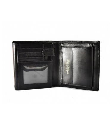 Pionowy skórzany portfel męski marki Peterson, czarny z czerwoną wstawką