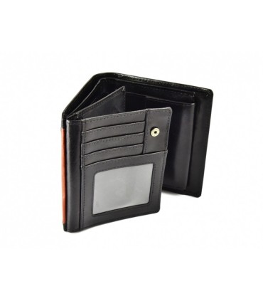 Pionowy skórzany portfel męski marki Peterson, czarny z czerwoną wstawką
