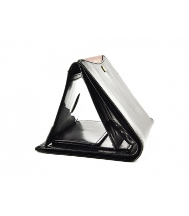 Pionowy skórzany portfel męski marki Peterson, czarny z czerwoną wstawką