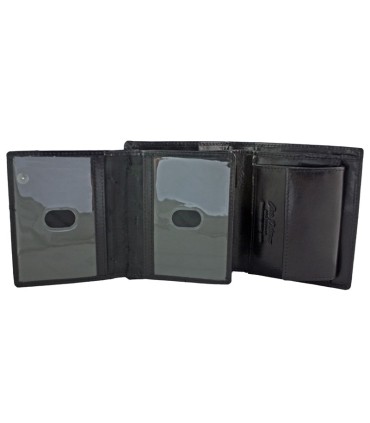 Pionowy skórzany portfel męski marki Peterson, czarny z czerwoną wstawką