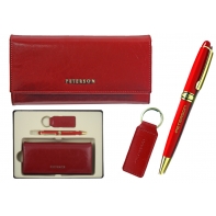 Skórzany czerwony zestaw Peterson: portfel damski, breloczek, długopis