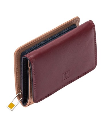 Skórzany mały portfel damski marki DuDu®, burgund + żółty