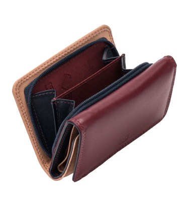 Skórzany mały portfel damski marki DuDu®, burgund + żółty