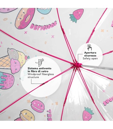 Głęboka bezpieczna parasolka dziecięca PERLETTI przezroczysta SŁODYCZE