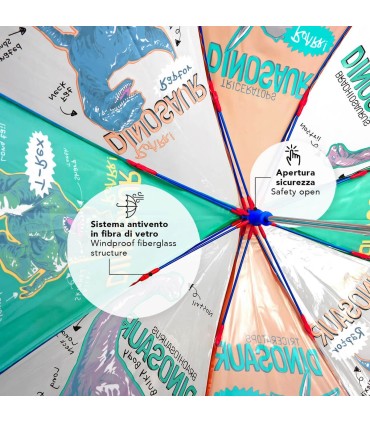 Głęboka bezpieczna parasolka dziecięca PERLETTI przezroczysta DINOZAURY