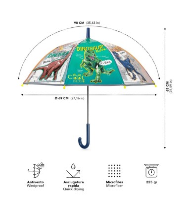 Głęboka bezpieczna parasolka dziecięca PERLETTI przezroczysta DINOZAURY