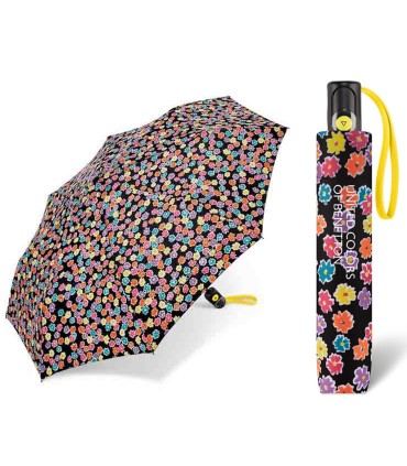 Automatyczna parasolka do torebki 29 cm BENETTON czarna w kolorowe kwiatki