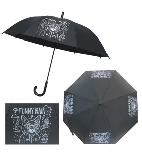 PARASOLKA DŁUGA AUTOMATYCZNA 98 CM, CZARNA, FUNNY RAIN KOT